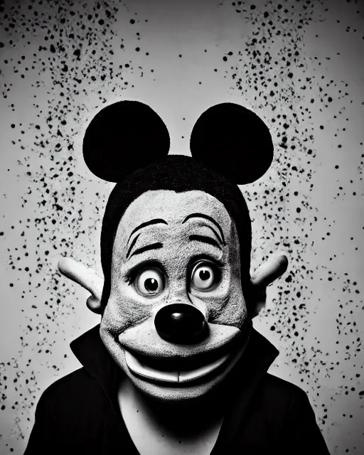 Prompt: A black-and-white studio portrait of a grim-looking Mickey Mouse in the style of a horror movie; bokeh, 90mm, f/1.4