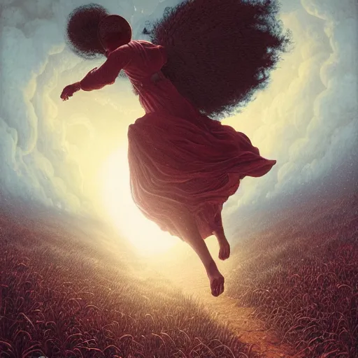 Image similar to a highly detailed portrait of a black woman chasing her dreams through a field of nightmares, a hyperrealistic high renaissance painting by gustave dore, unreal engine, fantasy art by greg rutkowski, loish, rhads, ferdinand knab, makoto shinkai and lois van baarle, ilya kuvshinov, radiant lighting, moon light.