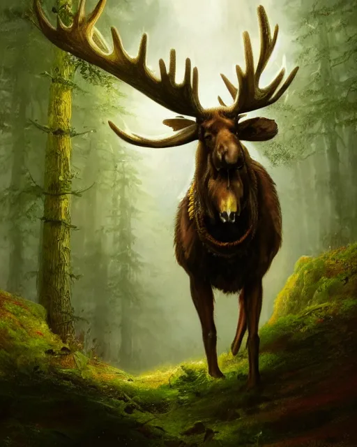 Prompt: oil painting of Anthropomorphized Moose casting spell, wearing green cloak, wearing war paint, sharp focus, fantasy style, octane render, volumetric lighting, 8k high definition, by greg rutkowski, highly detailed, trending on art Station, magic the gathering artwork, magical forest backround, centered