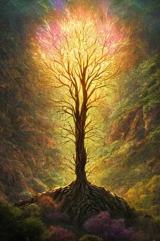 Prompt: magical glowing tree of life in a hill, centralized, ethereal, rich, fantasy, smooth, sharp focus, high detailed digital art, ultra wide shot, lush colors, in the style of greg rutkowski and hans zatzka, highly realistic, exquisite ornate metal gothic icon heavy patina, delicate, the secret of nihm