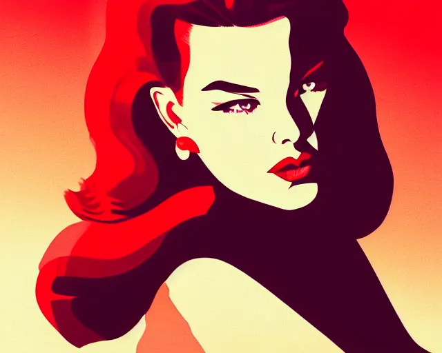 Image similar to young sherilyn fenn, twin peaks, red curtain background, retro futurism, half portrait by stanley artgerm, dramatic lighting, ilya kuvshinov, trending on artstation, flat colour, geometric curves, gradient filter, pleasing tone colours, 5 0 s style