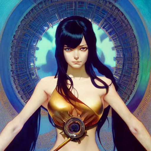 Image similar to highly detailed vfx portrait of nico robin, greg rutkowski, loish, rhads, beeple, makoto shinkai, tom bagshaw, alphonse mucha, sharp focus, art by artgerm and greg rutkowski, stanley kubrick, backlit, harsh overhead sunlight, blue eyes,