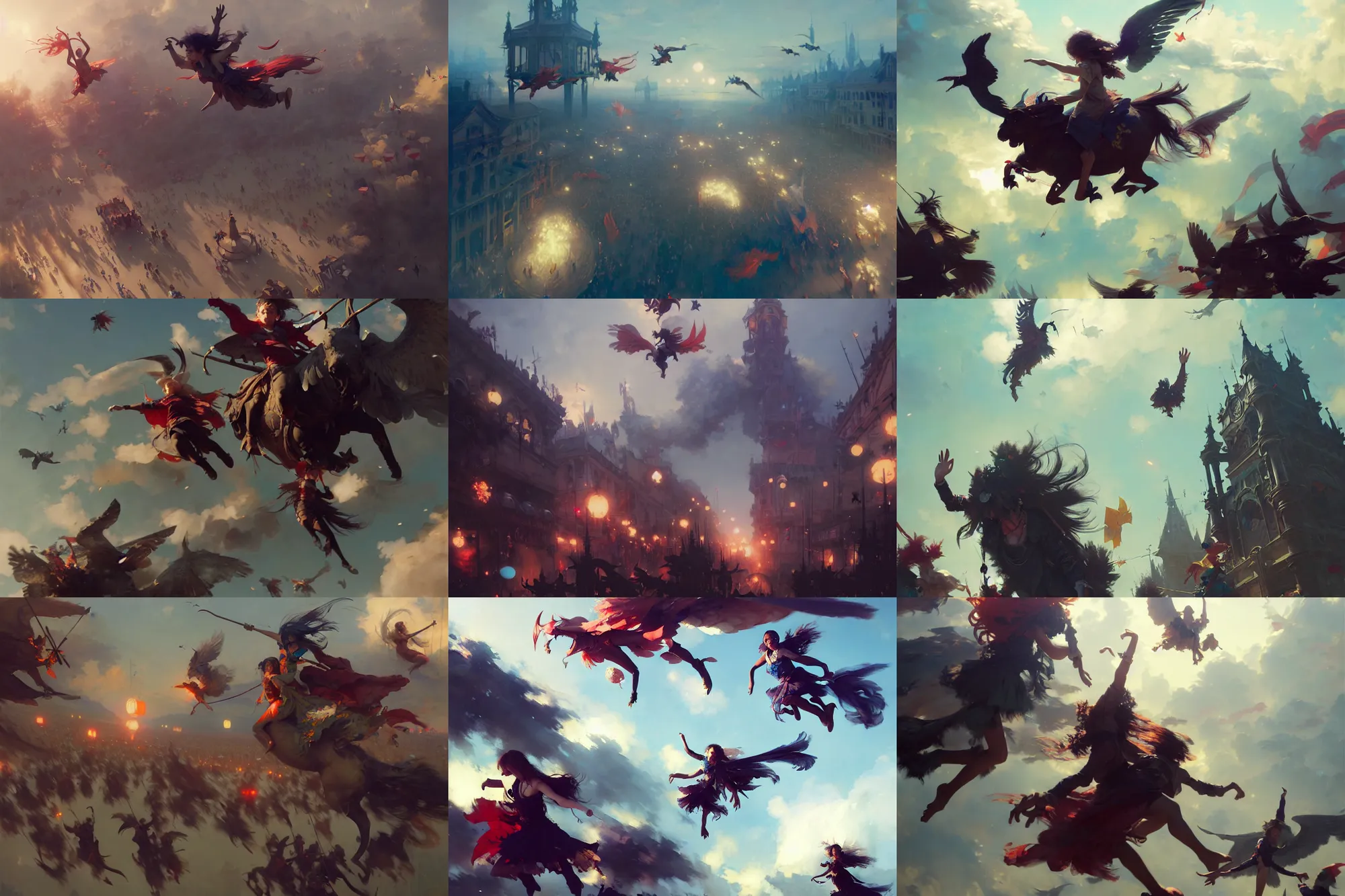 Prompt: young witches flying above explore small town carnival carnival, highly detailed, digital painting, concept art, matte, art by ruan jia and wlop and greg rutkowski and makoto shinkai, masterpiece