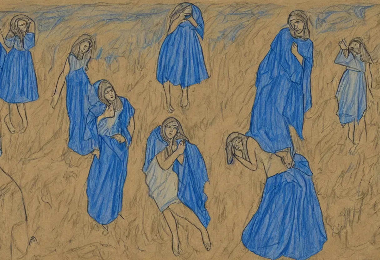 Image similar to a drawing of 3 maria's with blue dresses in a landscape crying at the death of christ