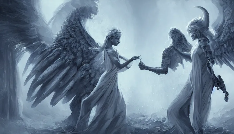 Prompt: An angel and a demon hold hands while walking on a path to a bright light, hyperdetailed, artstation, cgsociety, 8k