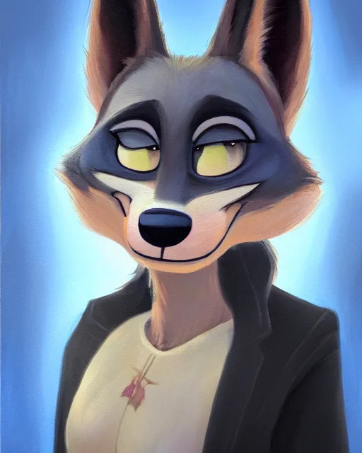 Image similar to oil painting of anthromorphic female wolf, in style of zootopia, zootopia, zootopia, fursona, furry, furaffinity, 4 k, deviantart, furry art, fursona art, wearing black business suit, business suit, in style of zootopia, wolf fursona, cyberpunk, female, expressive detailed feminine face,