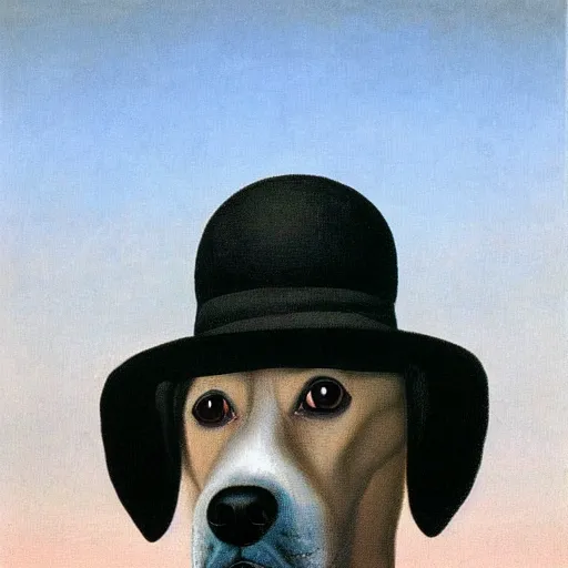 Image similar to a rene magritte painting of a dog wearing a hat