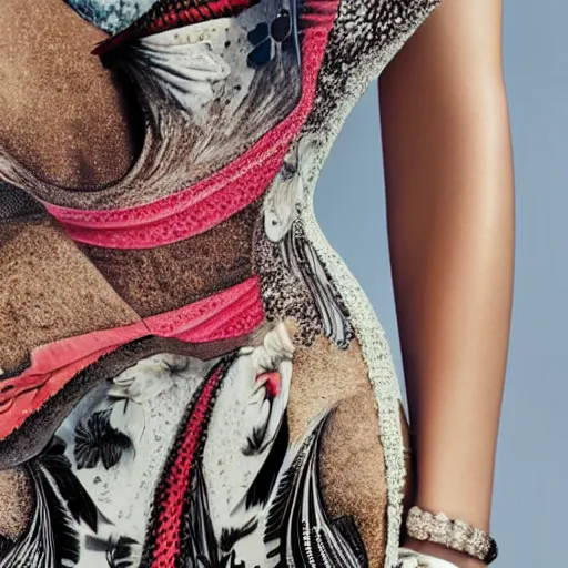 Image similar to close up of a female body printed on a dress, fashion photography, vogue magazine, highly detailed