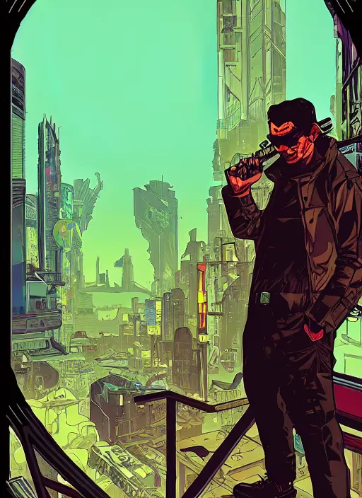 Prompt: cyberpunk mafia goon with scenic background. portrait illustration, pop art, art by ashley wood, alphonse mucha, laurie greasley and josan gonzalez. cinematic. dynamic lighting. realistic proportions. creative design. cell shading