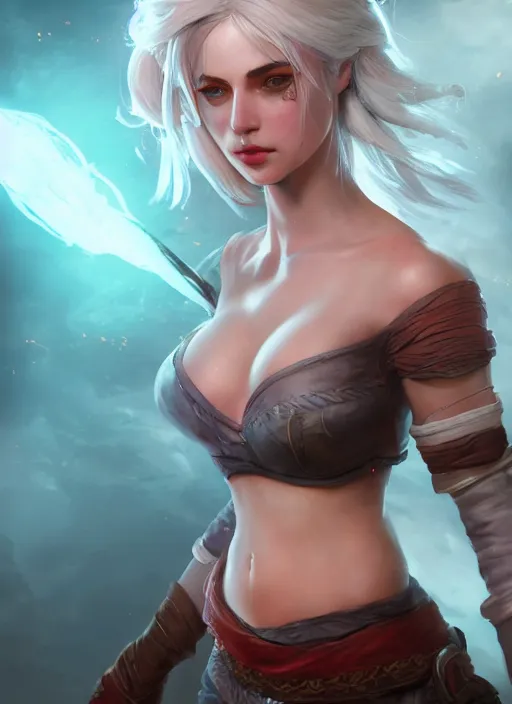 Image similar to ciri, from league of legends, hyper detailed, digital art, trending in artstation, cinematic lighting, studio quality, smooth render, fluorescent skin, unreal engine 5 rendered, octane rendered, art style by klimt and nixeu and ian sprigger and wlop and krenz cushart