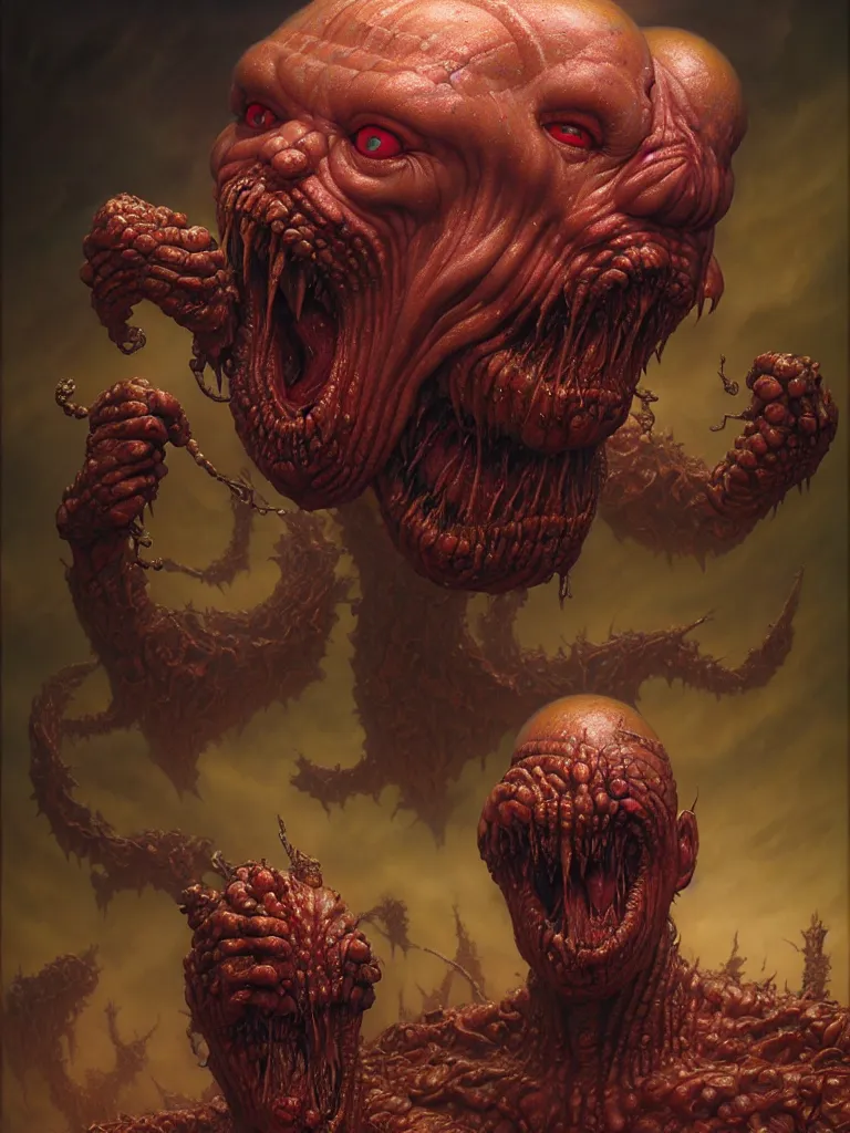 Image similar to hyperrealistic rendering, fat smooth cronenberg flesh monster epic heavy metal overlord by donato giancola and greg rutkowski and wayne barlow and zdzisław beksinski, eyeballs, lightning, magic runes, product photography, action figure, sofubi, studio lighting, colored gels, colored background