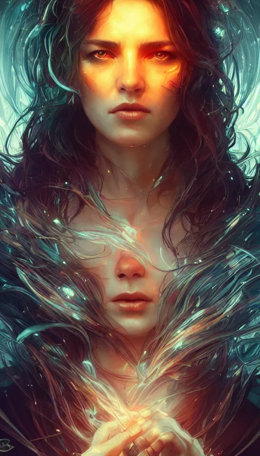 Image similar to furious gorgeous woman, lord of the rings, cyberpunk, neon, fibonacci, sweat drops, insane, intricate, highly detailed, digital painting, artstation, concept art, smooth, sharp focus, illustration, Unreal Engine 5, 8K, art by artgerm and greg rutkowski and alphonse mucha