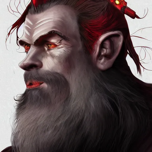 Image similar to dnd render of a man, red, a big black beard, completely golden eyes, 1 curved horn growing out of his forehead, one broken horn growing out of his forehead,