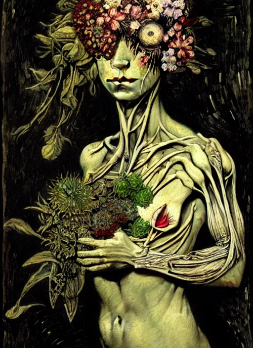 Image similar to beautiful and detailed rotten woman made of plants and many different types of flowers, muscles, intricate, organs, ornate, surreal, john constable, guy denning, dan hillier, manera, van gogh, caravaggio