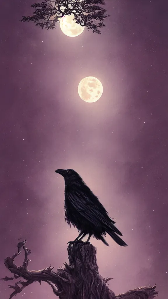 Image similar to crow on tree in front of the full big moon, highly detailed, digital painting, artstation, concept art, smooth, sharp focus, illustration, Unreal Engine 5, 8K, art by artgerm and greg rutkowski and alphonse mucha