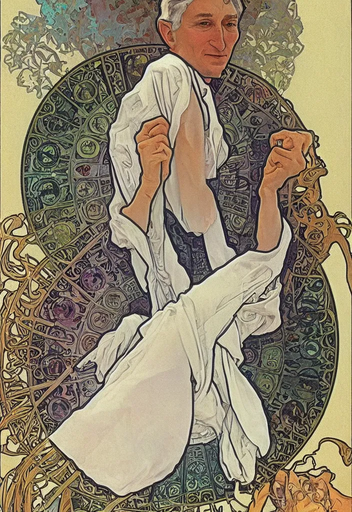 Image similar to realistic white - haired geoffrey hinton on a tarot card, tarot in art style by alphonse mucha