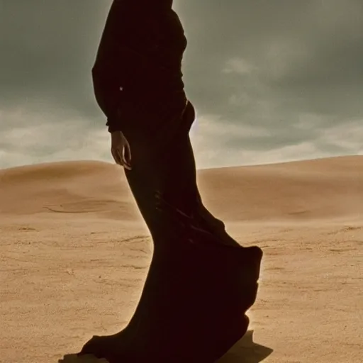 Prompt: fashion editorial photography of a Balenciaga model in Denis Villenue's DUNE, cinematography by roger deakins, Paul thomas Anderson