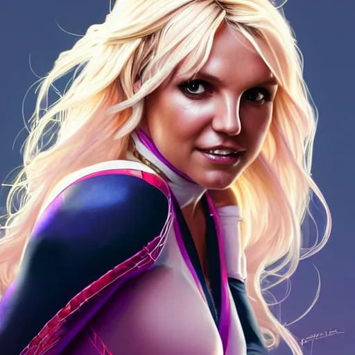 Image similar to beautiful britney spears as spider - gwen, western, closeup, d & d, fantasy, intricate, elegant, highly detailed, digital painting, artstation, concept art, matte, sharp focus, illustration, art by artgerm and greg rutkowski and alphonse mucha