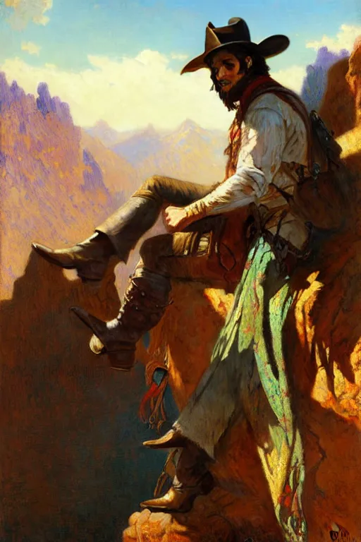 Prompt: attractive man, cowboy, beautiful mountain, cool colors, painting by gaston bussiere, craig mullins, greg rutkowski, alphonse mucha