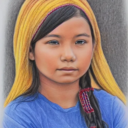 Image similar to a beautiful first nation girl, ultra detailed colored pencil drawing in style bellerose and desjarlais,