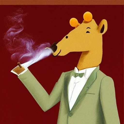 Image similar to an antropomorphic capybara wearing a suit smoking a cigar