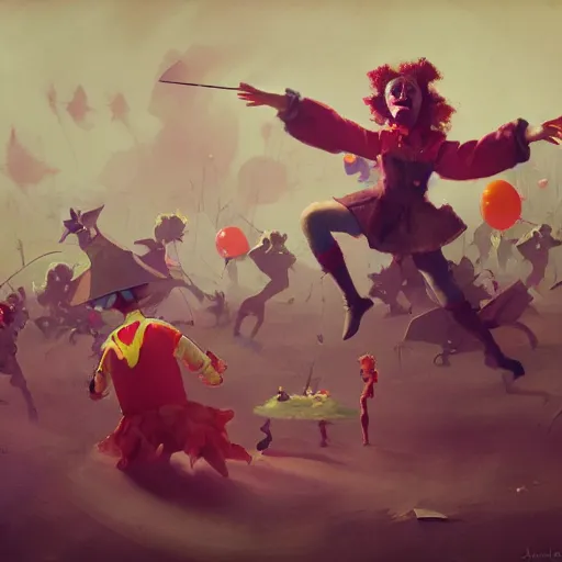 Image similar to a fairy attacking an army of clowns , artwork by Sergey Kolesov, arstation,