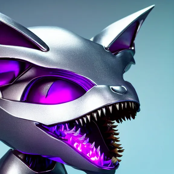 Image similar to high quality close up headshot of a cute beautiful stunning robot anthropomorphic female dragon with metal cat ears, with sleek silver metal armor, purple flesh, glowing OLED visor, facing the camera, high quality maw open and about to eat you, you being dragon food, the open maw being detailed and soft, sharp teeth, soft lulling tongue, highly detailed digital art, furry art, anthro art, sci fi, warframe art, destiny art, high quality, 3D realistic, dragon mawshot, maw art, furry mawshot, macro art, dragon art, Furaffinity, Deviantart