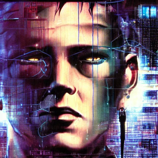 Image similar to Corto from the novel Neuromancer, washed up ex soldier, portrait shot, wires, cyberpunk, movie illustration, poster art by Drew Struzan