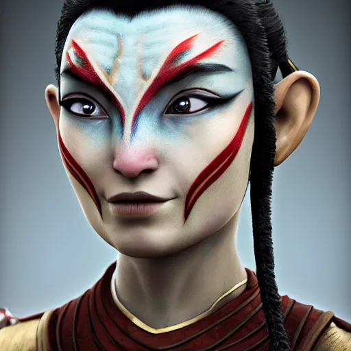 Image similar to portrait of Kyoshi Warrior from Avatar The Last Airbender in facepaint, digital art, highly detailed, concept art, intricate, sharp focus, Trending on Artstation HQ, unreal engine 5, 4K UHD image