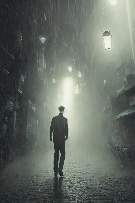 Prompt: a realistic photo of morpheus, the sandman by neil gaiman, pale face, spiky hair, swirling mist, intricate details and textures, mystical feeling, a dark and misty alley lit by gas lanterns, hyper realistic octane render, volumetric shading, depth of field, raytracing, 8 k,