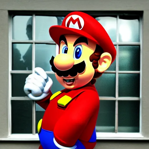 Image similar to super mario holding a knife outside a house window