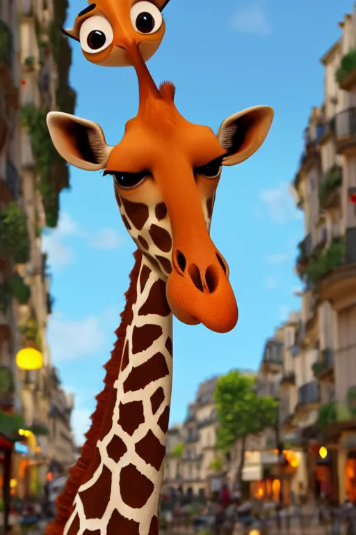 Image similar to a giraffe with big eyes looking for a cup of coffee in beautiful morning café in Paris. Pixar Disney 4K 3d render funny animation movie Oscar winning trending on ArtStation and Behance. Ratatouille style.