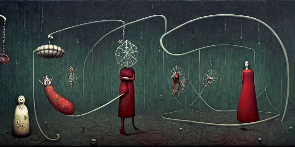 Prompt: trapped on the hedonic treadmill, dark surreal painting by ronny khalil, shaun tan, and leonora carrington