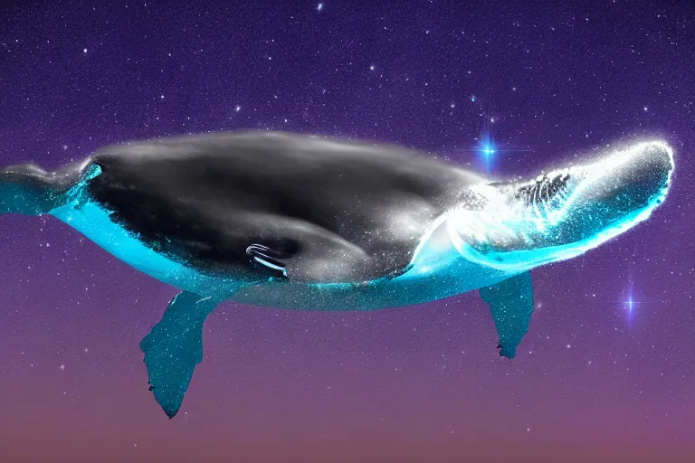 Prompt: a starpunk humpback whale swimming through the cosmos, digital art, photorealistic