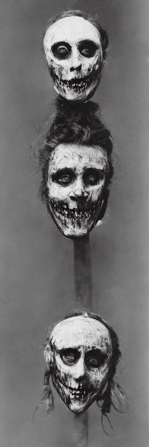 Image similar to a head and shoulders portrait photograph of a victorian wearing a scary vintage halloween mask, 1 9 0 0 s picture