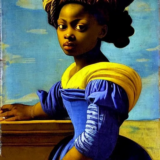 Image similar to a beautiful african girl, she is wearing a yellow dress with blue trim, she has long hair, artemisia gentileschi