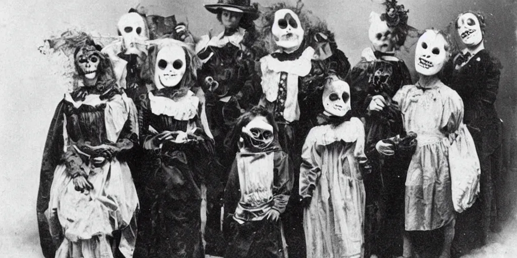 Prompt: victorians wearing vintage scary halloween mask, 1 9 0 0 s picture