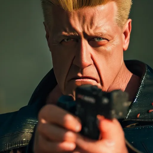 Image similar to film still of Duke Nukem, sigma 85mm f/1.4, 4k, depth of field, high resolution, 4k, 8k, hd, full color