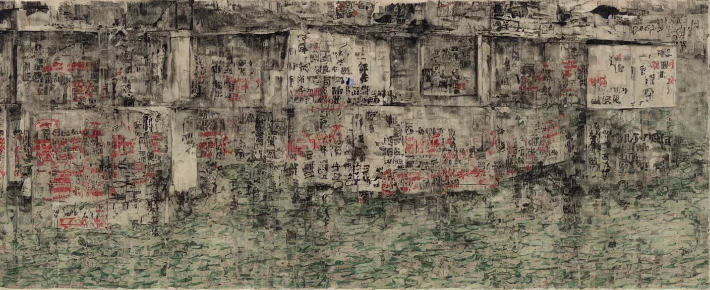 Image similar to a chinese prison near a river by peter doig, muted colors, overlaid with chinese adverts