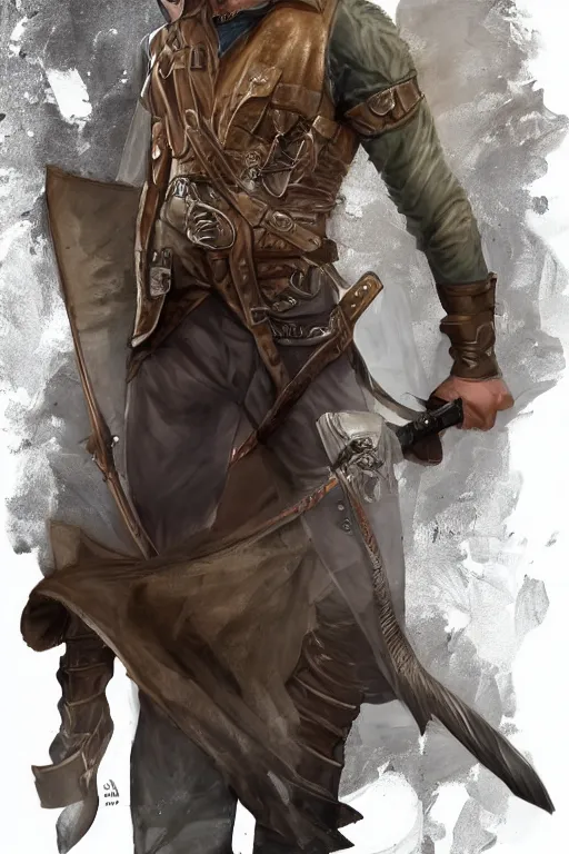 Image similar to a male ranger, dnd, with a leather vest and linen pants, long swept back blond hair, chiseled good looks, digital art