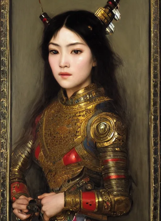 Image similar to beautifull asian queen cyborg with bangs curly Iranian orientalist portrait by john william waterhouse and Edwin Longsden Long and Theodore Ralli and Nasreddine Dinet, oil on canvas. Cinematic, hyper realism, dramatic lighting, high detail 4k