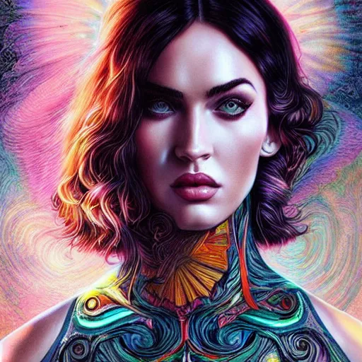 Image similar to portrait of megan fox, hyper detailed masterpiece, neon floral pattern, jean giraud, digital art painting, darkwave goth aesthetic, psychedelic, artgerm, donato giancola and tom bagshaw