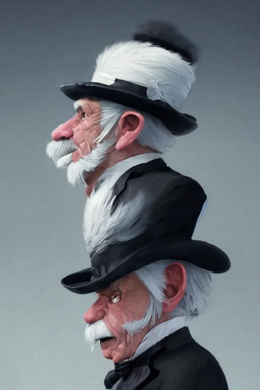 Prompt: A fancy close up of a white haired old winkled halfling wearing a suit and top hat by Greg Rutkowski, Sung Choi, Mitchell Mohrhauser, Maciej Kuciara, Johnson Ting, Maxim Verehin, Peter Konig, 8k photorealistic, cinematic lighting, HD, high details, dramatic, trending on artstation