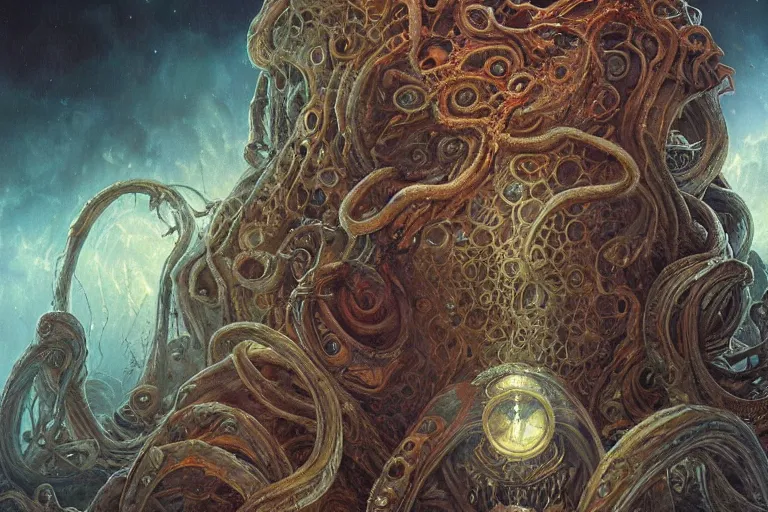 Image similar to a lovecraftian painting of cthulhu face of cosmic horror, cosmic horror elements, ultra realistic, concept art, intricate details, eerie, highly detailed, photorealistic, octane render, 8 k, unreal engine. art by artgerm and greg rutkowski and alphonse mucha