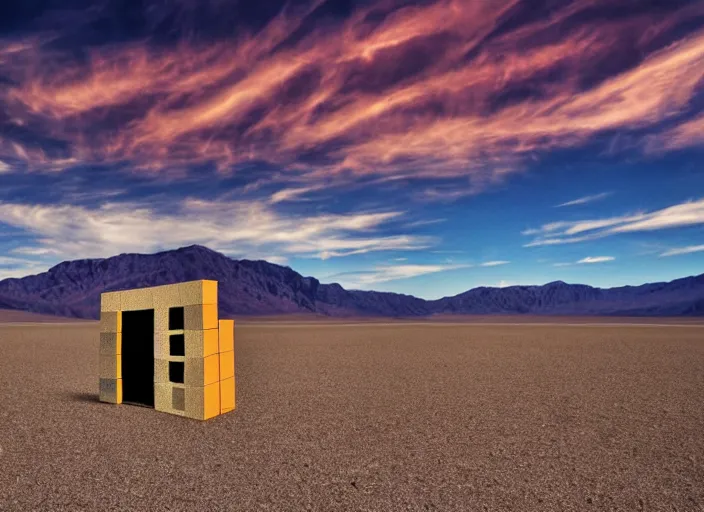 Image similar to a house made out of tetris blocks in death valley, sunflare, windy, dusty, rust, cinema, epic, michael bay style, artistic, colorful