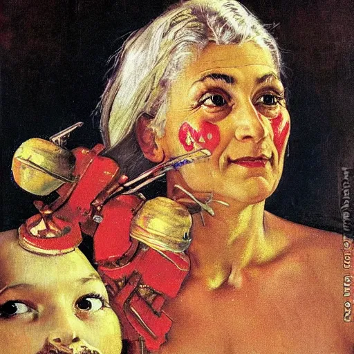 Image similar to Frontal painting of the face of a muscular and happy priestess. A painting by Norman Rockwell.