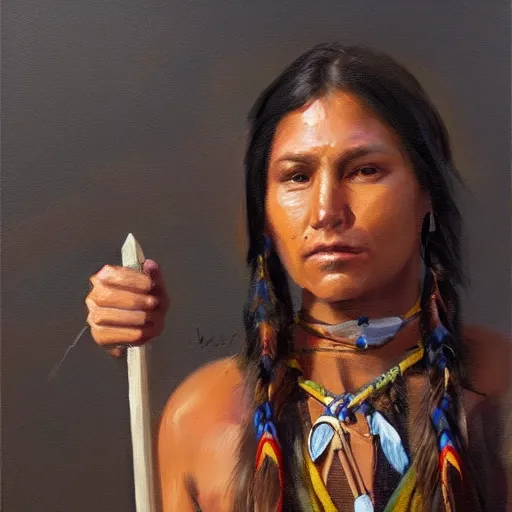 Prompt: Portrait painting of a native american female holding a spear, artstation
