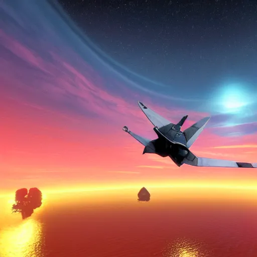 Image similar to high quality photo of star fox looking out at the ocean at sunset realism 8k award winning photo