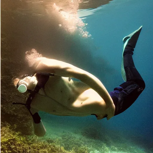 Image similar to mark zuckerberg scuba diving underwater, long reptilian tail, photo by annie leibovitz,