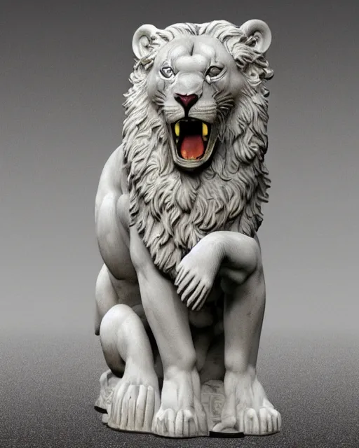 Image similar to a marble statue of a roaring lion, hyper realistic, 4 k, grainy marble, hyper detailed